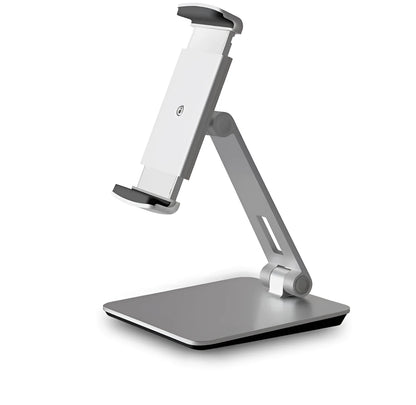Silver folding phone and tablet stand holding a device, showing its 360-degree rotation and compact size