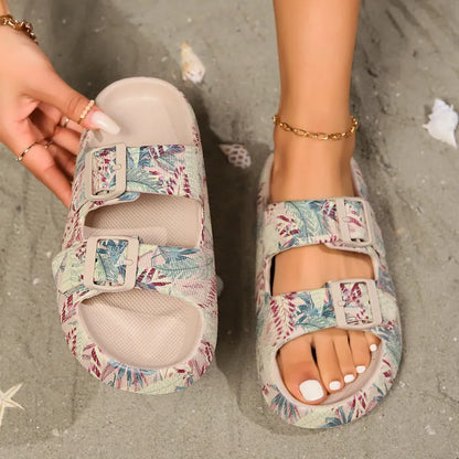 Women's thick sole EVA slippers in leopard print design for bathroom and beach use.