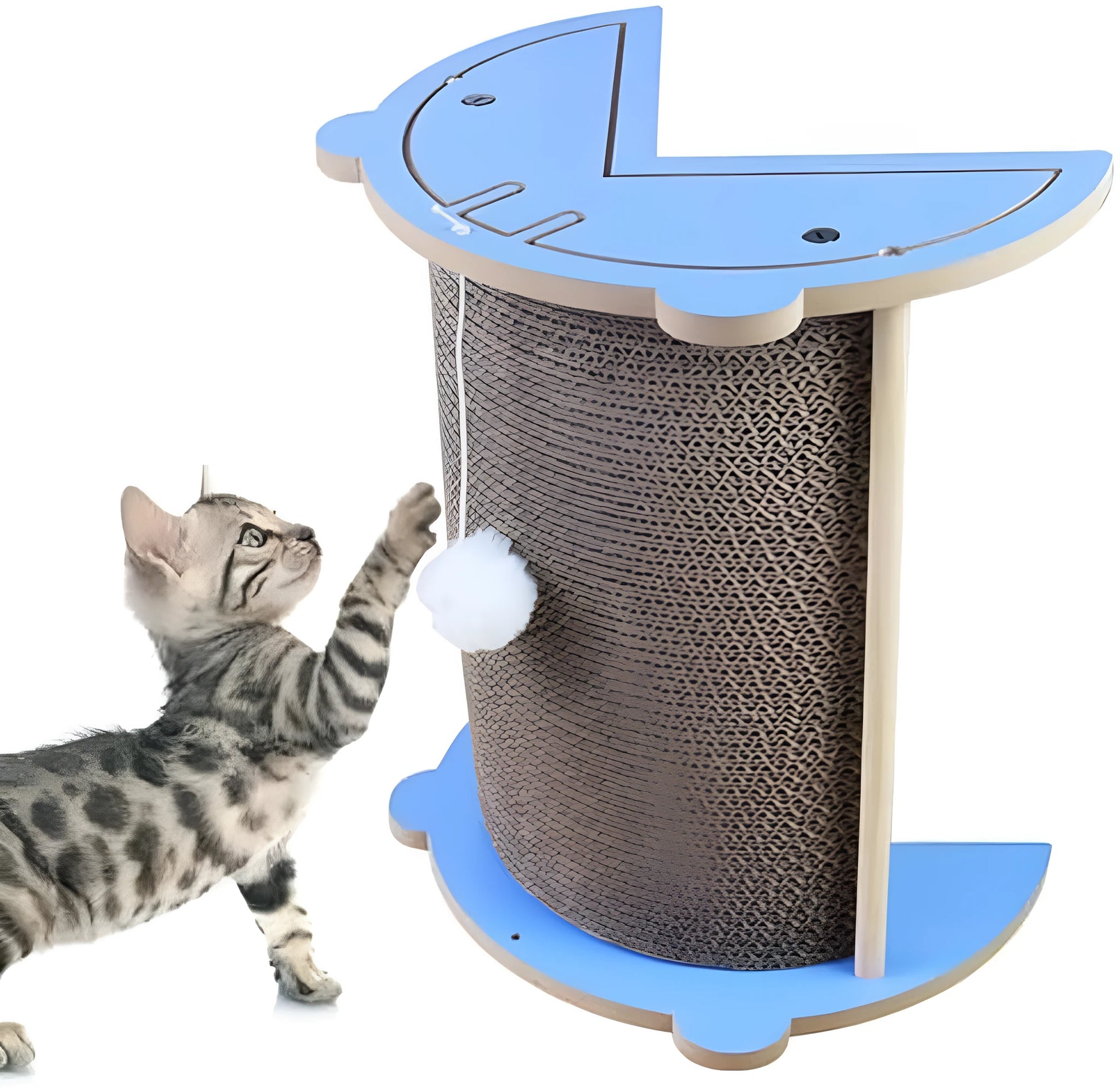 Grey corner cat scratcher with replaceable cardboard board and hanging red ball