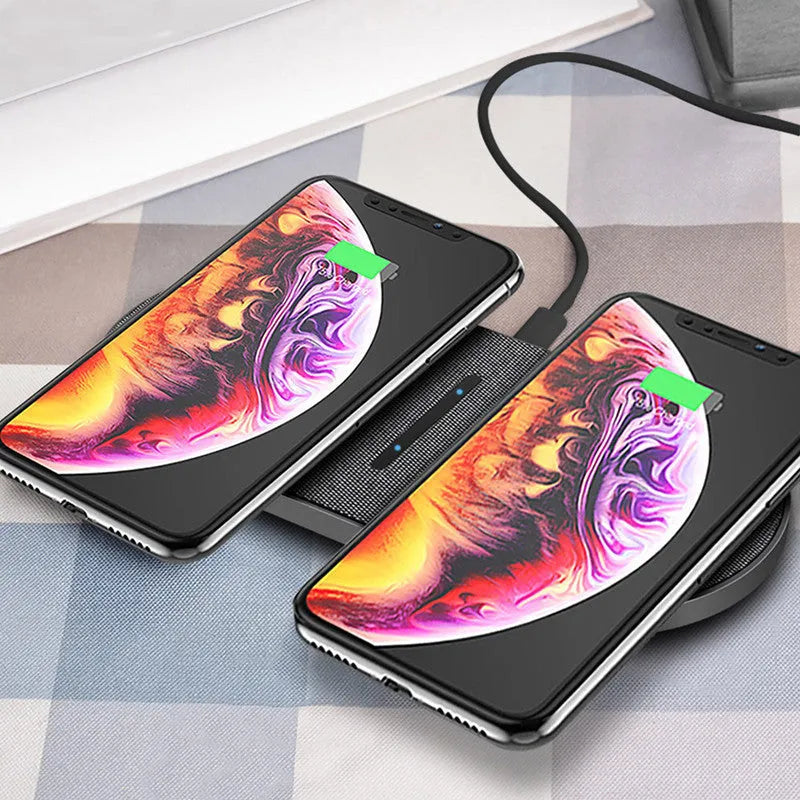 Black dual wireless charging pad set showing two round pads connected by a single Type-C cable.