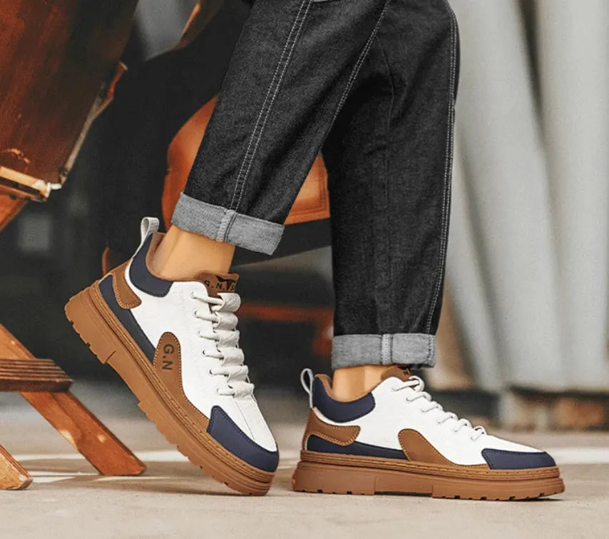 Black and white platform casual sneakers with thick rubber soles for height increase