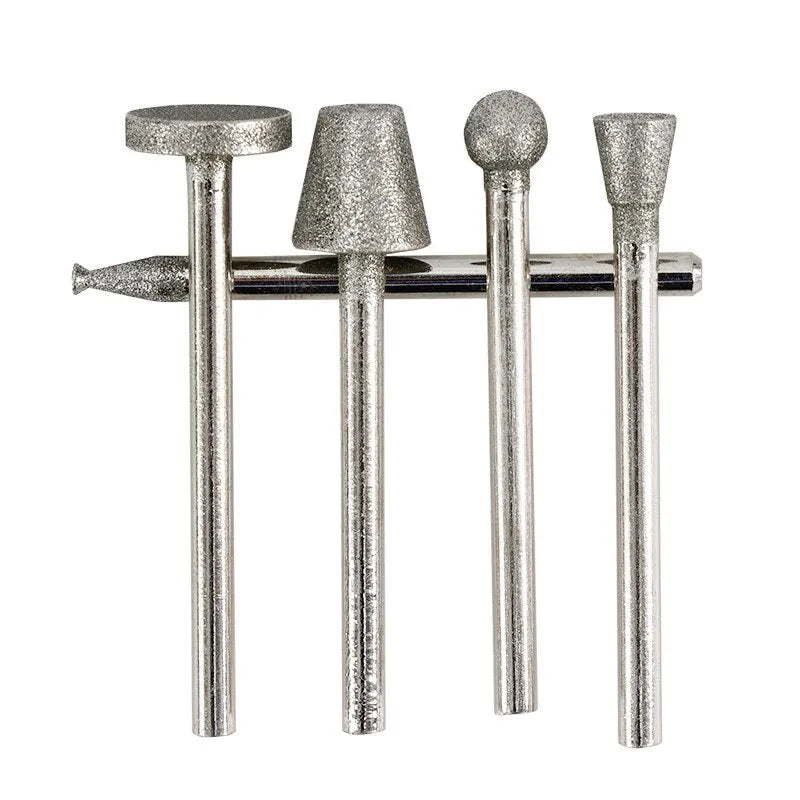 Alloy grinding head set with diamond grinding heads suitable for polishing and shaping glass, jade, and stone work, featuring an elliptical cone shape, 80 mesh emery abrasive, 3mm shank diameter, and a 45mm total length for detailed manual work.