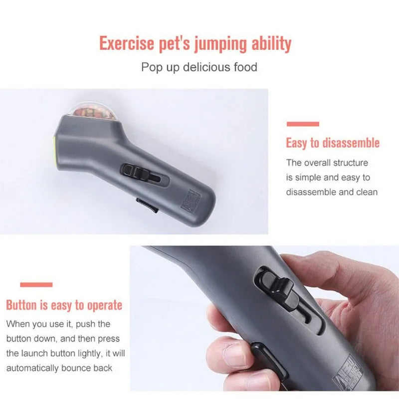 Grey-coloured pet treat catapult launcher for dogs and cats on a plain background.