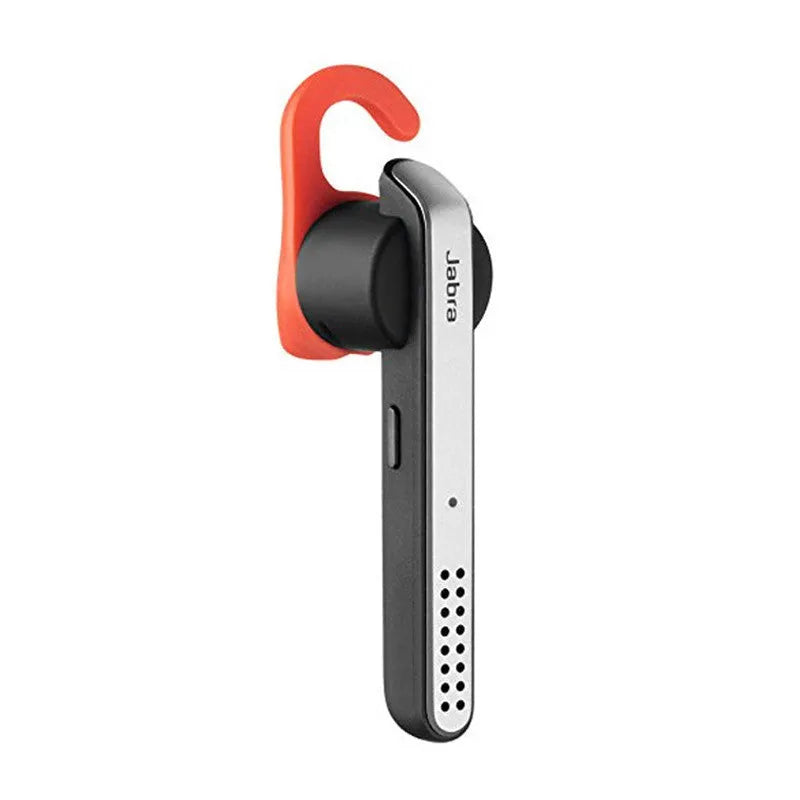 Black Bluetooth earphone with behind-the-ear design showing dual-phone connectivity