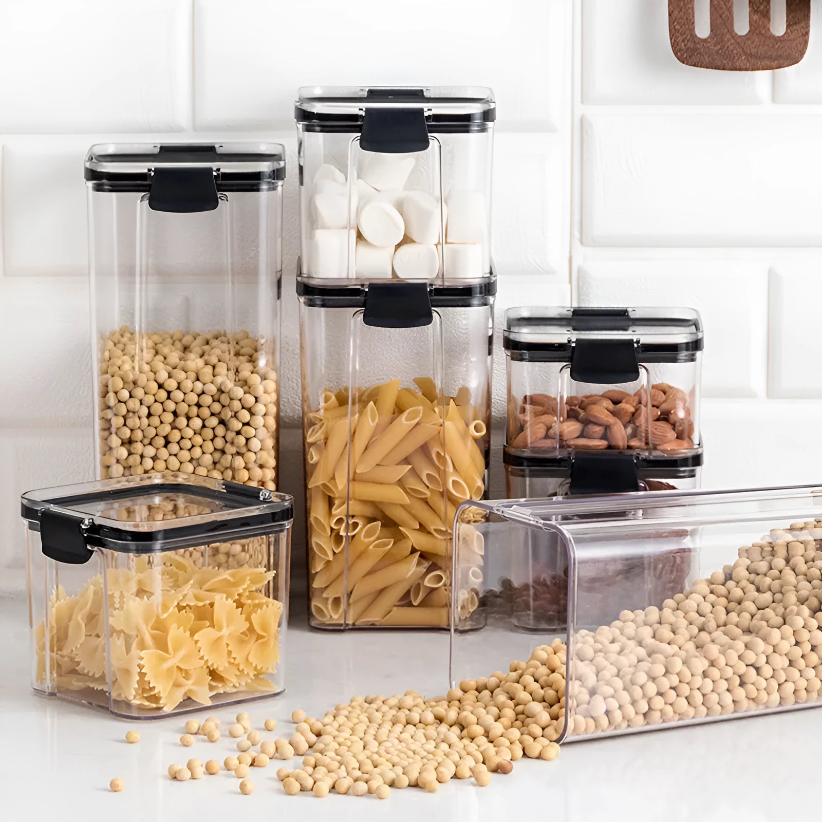 Transparent square grain storage container with black lid in multiple capacity sizes