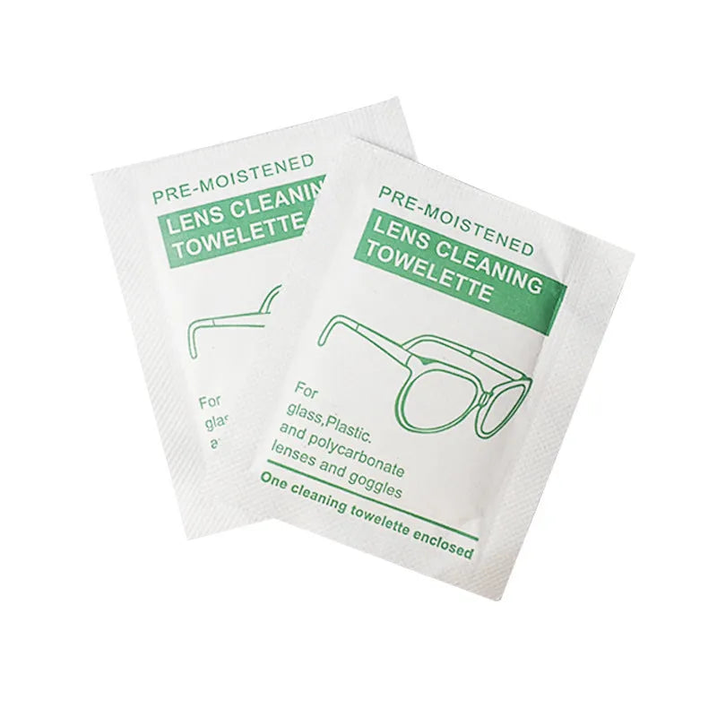 Pack of 100 white, individually sealed quick-drying lens cleaning wipes for glasses and screens.