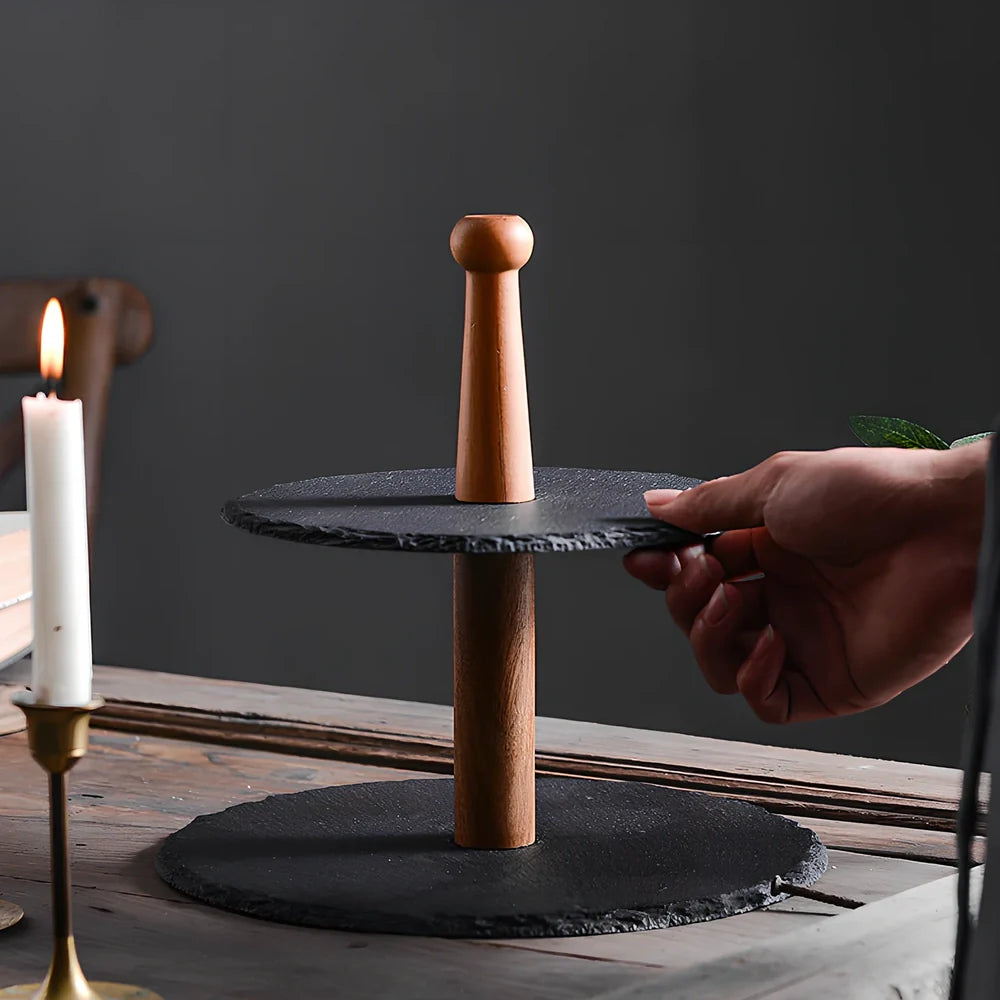 Hand-painted wooden multi-layer cake plate with Japanese-Korean styling for dessert presentation