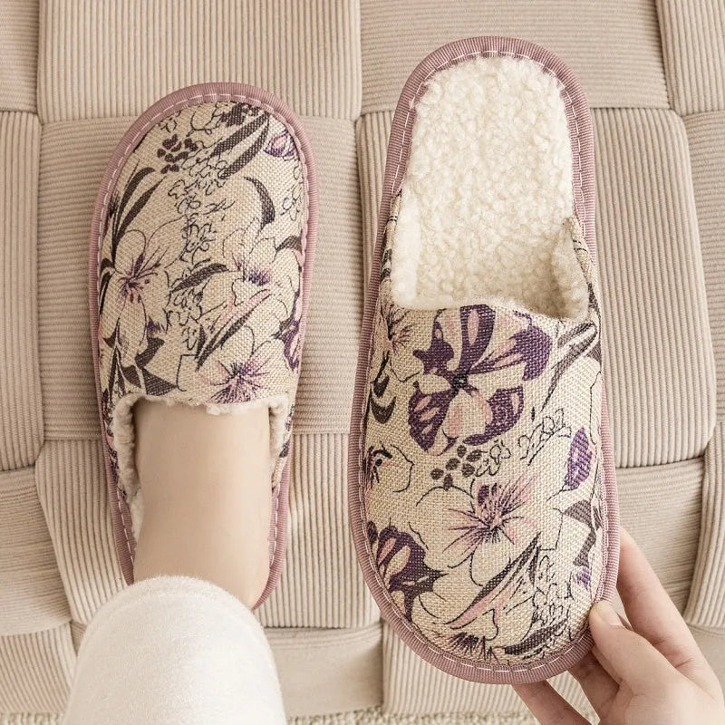 Warm winter linen-surface cotton household slippers in red flower colour with PVC sole.