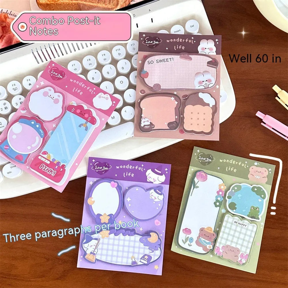 Cartoon combination sticky notes pad with 60 paper sheets, 10 x 13cm special-shaped memo stickers in four cover colours