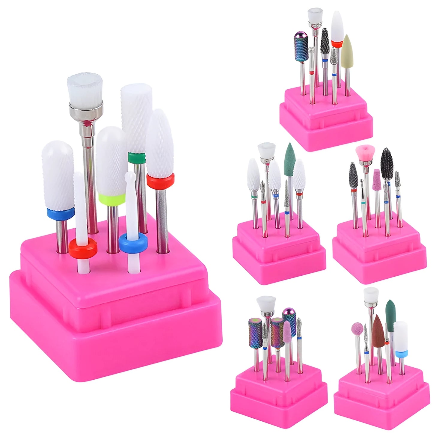 Set of six tungsten steel nail drill bits and a brush in a clear plastic case.