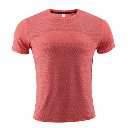 Man wearing a red short-sleeve polyester sports t-shirt for running or basketball workout.