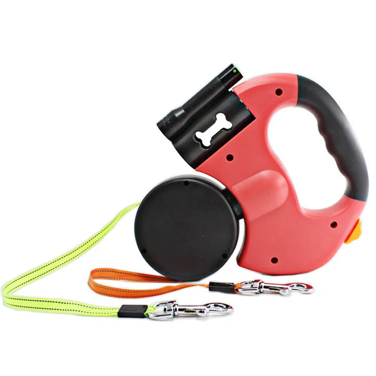 Dual-headed retractable dog leash with LED flashlight for walking two dogs safely at night