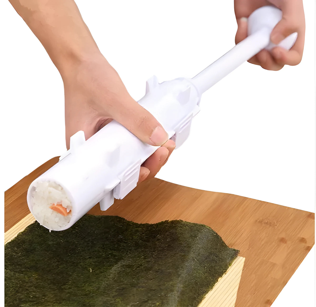White plastic sushi roll mould kitchen tool on a kitchen counter.