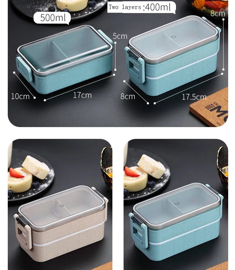 Square wheat straw lunch box with lock seal in blue, beige, or pink colours.