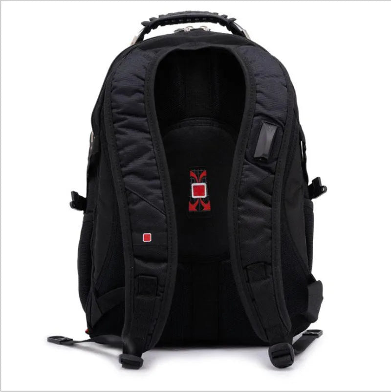 Black 38-litre business laptop backpack open to show computer layer and organisation compartments.