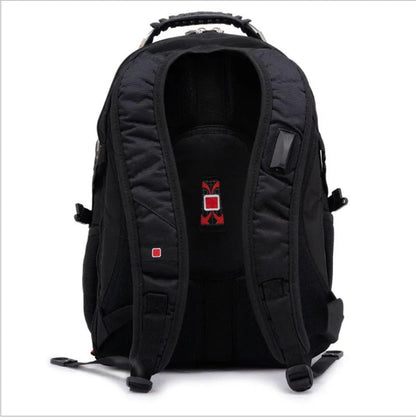Black 38-litre business laptop backpack open to show computer layer and organisation compartments.
