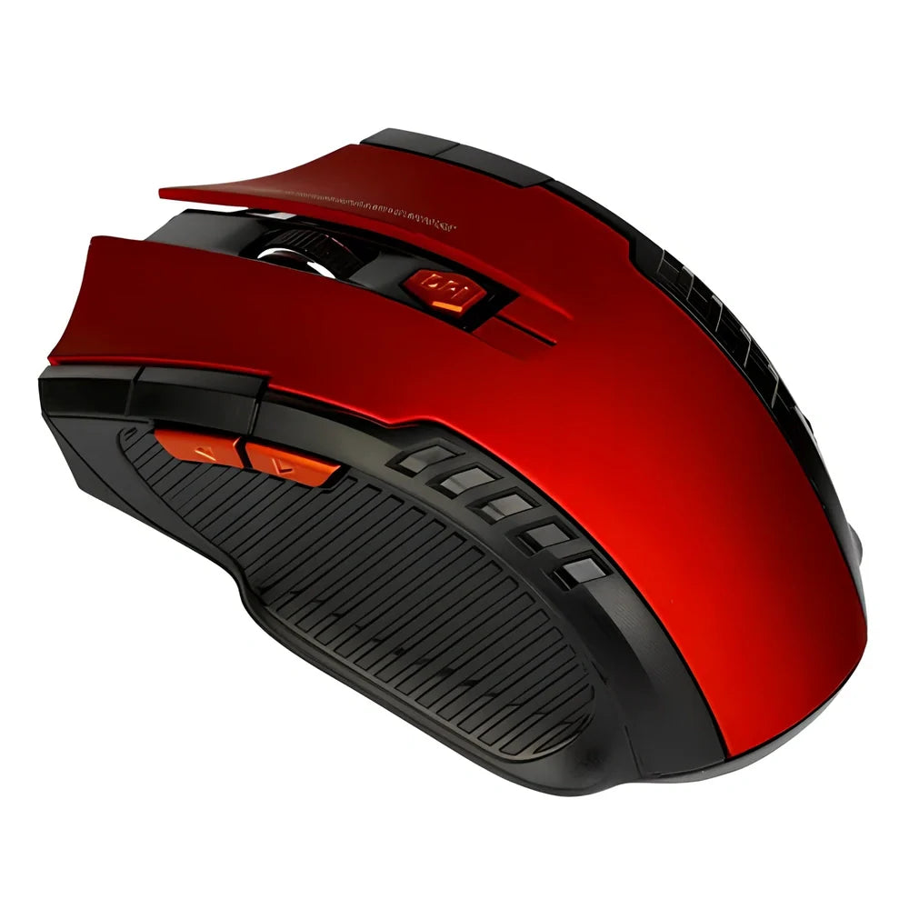Black wireless computer mouse with six buttons and USB receiver, 100-120mm size