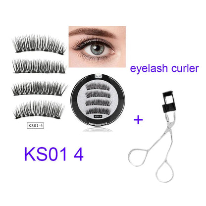 Four magnet false eyelashes in imported fibre with hand made construction and optional eyelash curler
