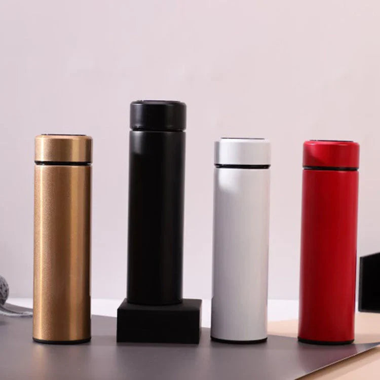 Sleek stainless steel vacuum flask with LED temperature display in various colors and capacities