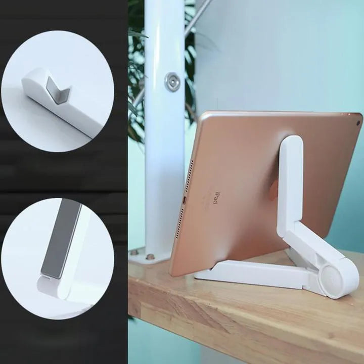 Black foldable tablet holder open in landscape mode holding a tablet, showing side buttons and non-slip base.