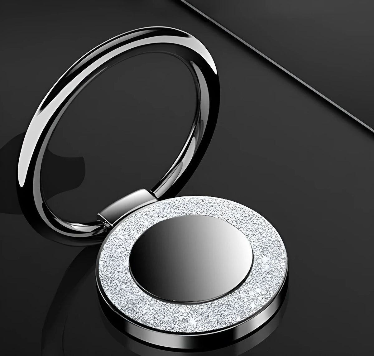 Bling glitter plating metal phone ring holder in silver colour, showing 360° rotation.