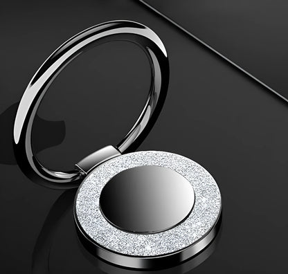 Bling glitter plating metal phone ring holder in silver colour, showing 360° rotation.