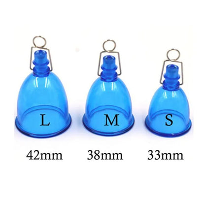 Blue silicone male physical stretch exerciser shown in three sizes: small, medium, and large.