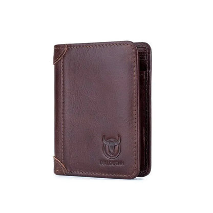 Men's casual leather wallet in black with two-fold cover, showing internal compartments including secret section.