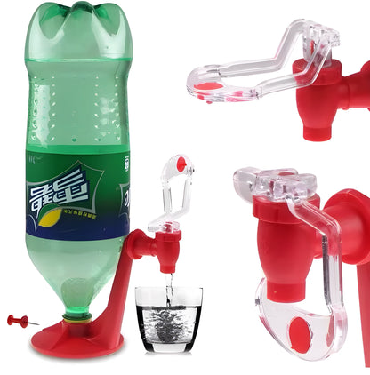 Red plastic Magic Tap soda bottle dispenser attached to an inverted 2-litre bottle on a kitchen table.