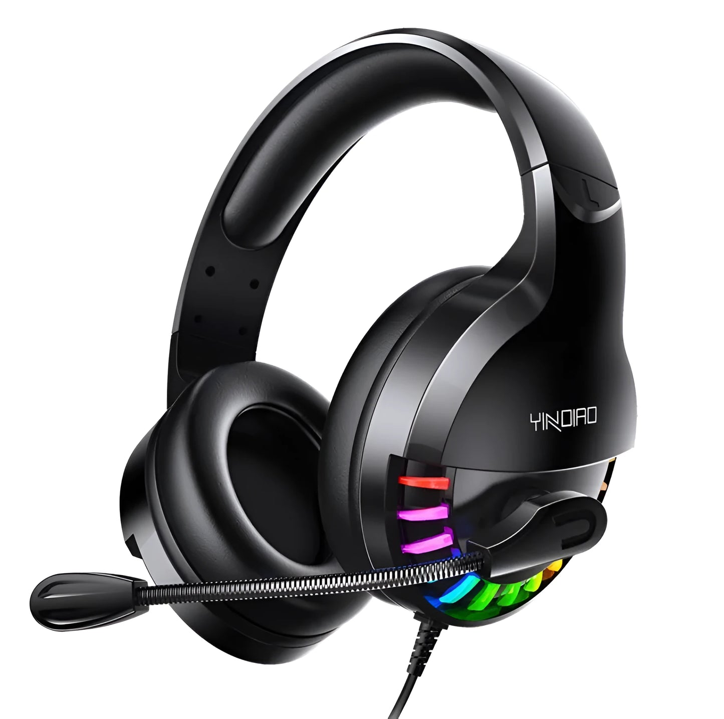 Black wired gaming headset with microphone and sound card line control on cable