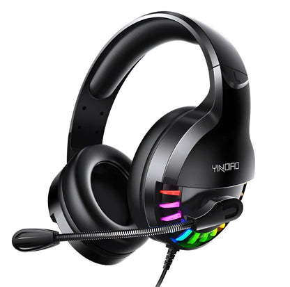 Black wired gaming headset with microphone and sound card line control on cable