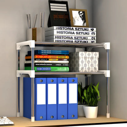 Silver and white microwave shelf rack with two tiers organising kitchen spices and essentials