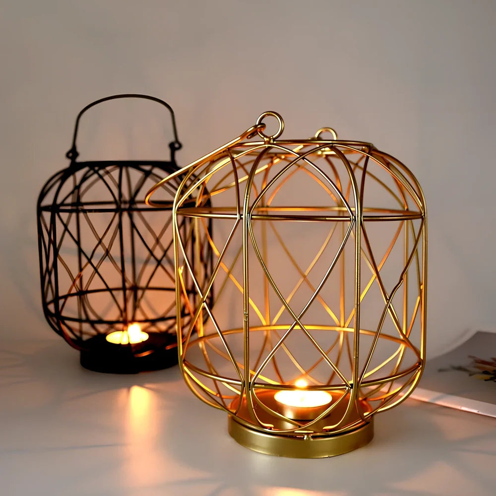 Geometric European iron candlestick with baking paint finish in gold colour, 20cm height