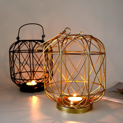 Geometric European iron candlestick with baking paint finish in gold colour, 20cm height
