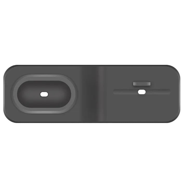 Black silicone 3-in-1 charging stand for Apple iPhone, Apple Watch, and AirPods on a desk