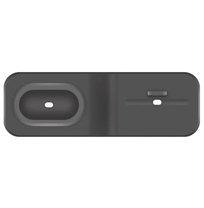 Black silicone 3-in-1 charging stand for Apple iPhone, Apple Watch, and AirPods on a desk