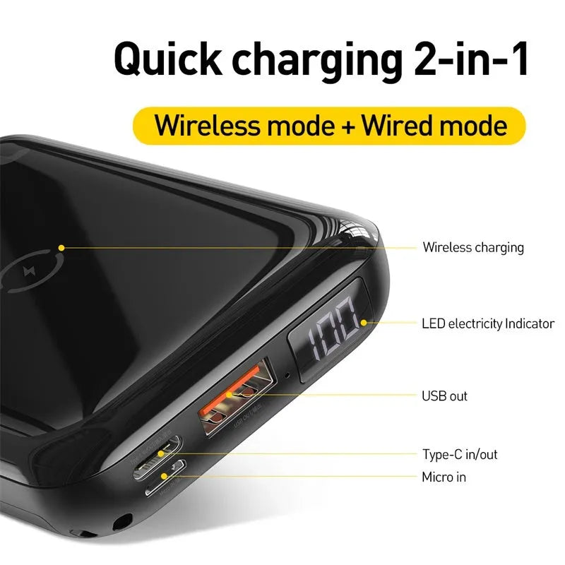 Small square black wireless charging power bank with LED display showing battery percentage.