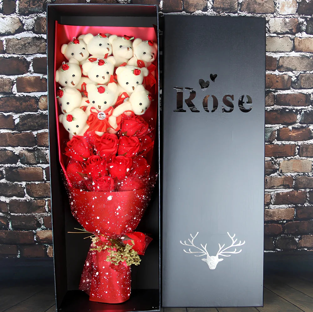 Handmade Valentine's bouquet of 11 cartoon bears 15 cm tall with 11 chiffon roses 10-12 cm in rose gift box, colour options available