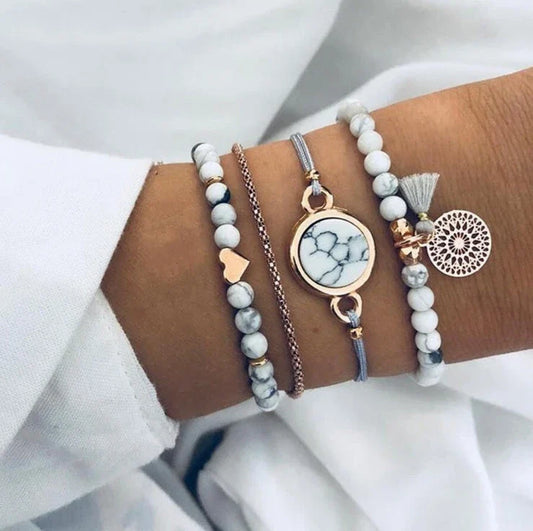 Elegant geometric stone bracelet set with fringed design, perfect fashion accessory for women