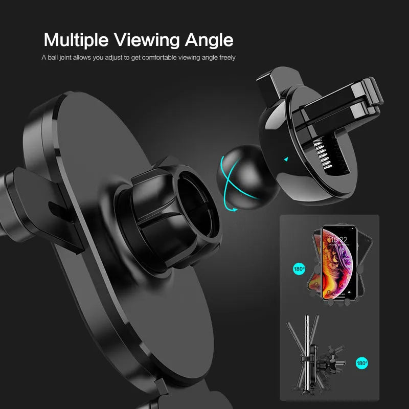 Black gravity car phone holder mounted on a car air vent, showing 360-degree rotation.