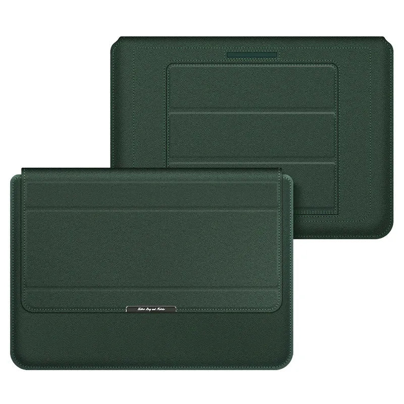 Three-in-one laptop bag in faux leather and plush, shown in black, dark blue, rose gold, grey, dark green, red or camel.