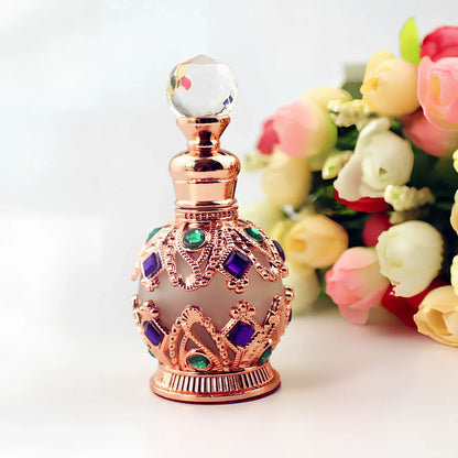 Arabic style glass perfume bottle with zinc alloy hardware and electroplated finish in choice of colours