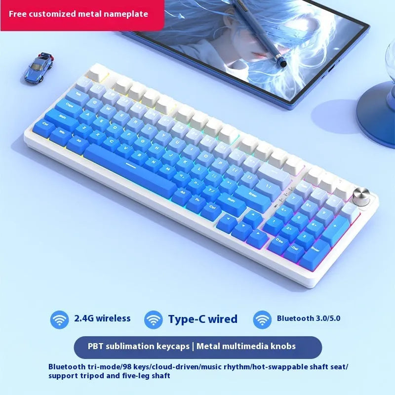 98-key wireless mechanical keyboard kit in black or white with optional LED screen and metal knob