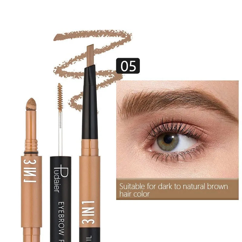 A double-headed waterproof eyebrow pencil with pencil and powder, shown in one of six colour styles.