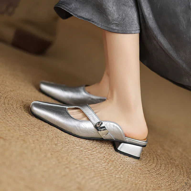 British style square toe outdoor slippers in black with low heel and rubber sole