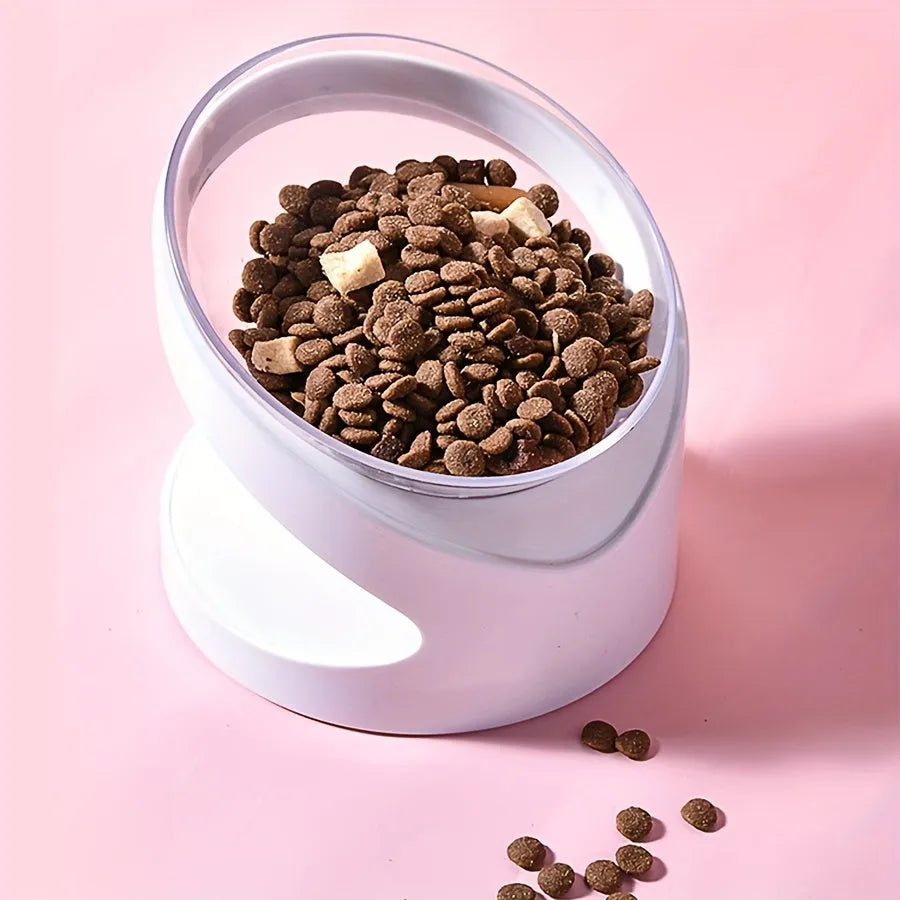 White elevated cat food bowl with tilt angle and neck support ridge