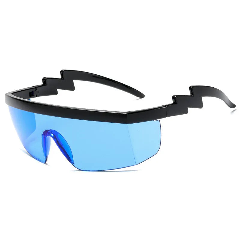 Black one-piece cycling sunglasses with blue polycarbonate lenses and lightning leg temples on a grey background.