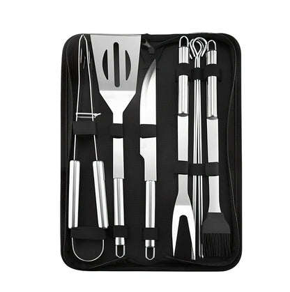 Silver 10-piece stainless steel BBQ tool set with shovel, fork, clip, strings, brush, and tote bag, sized 40x16.5x6cm for outdoor use