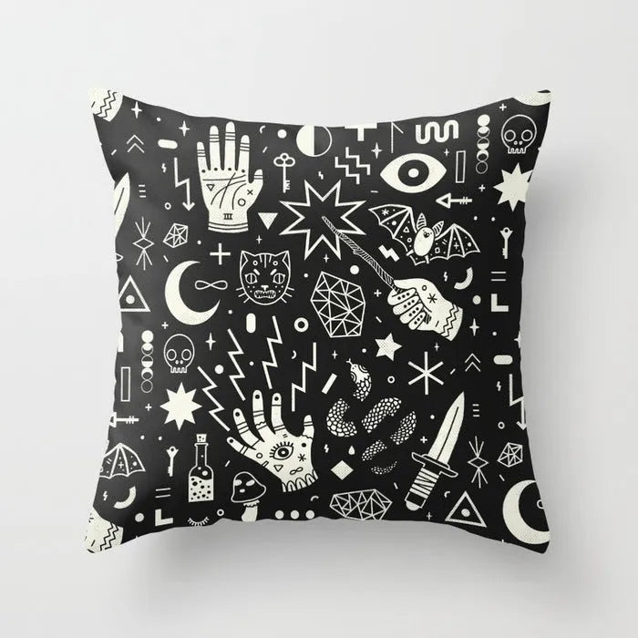 Halloween-themed cartoon print cushion cover on a sofa, 45x45 cm size.