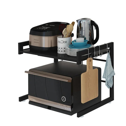 Retractable metal kitchen microwave rack with 2-layer shelf design for countertop organisation